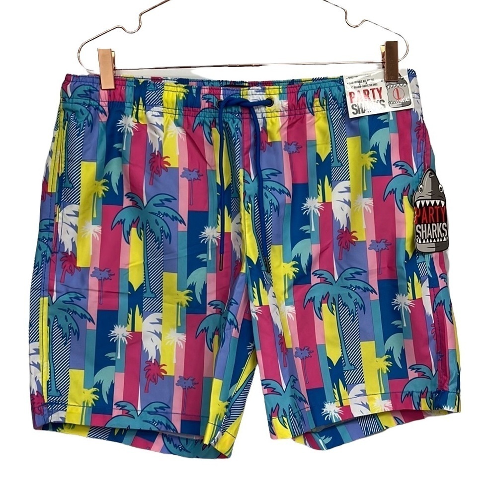 NEW PARTY SHARK MENS Large swim trunks 80’s palm tree purple combination